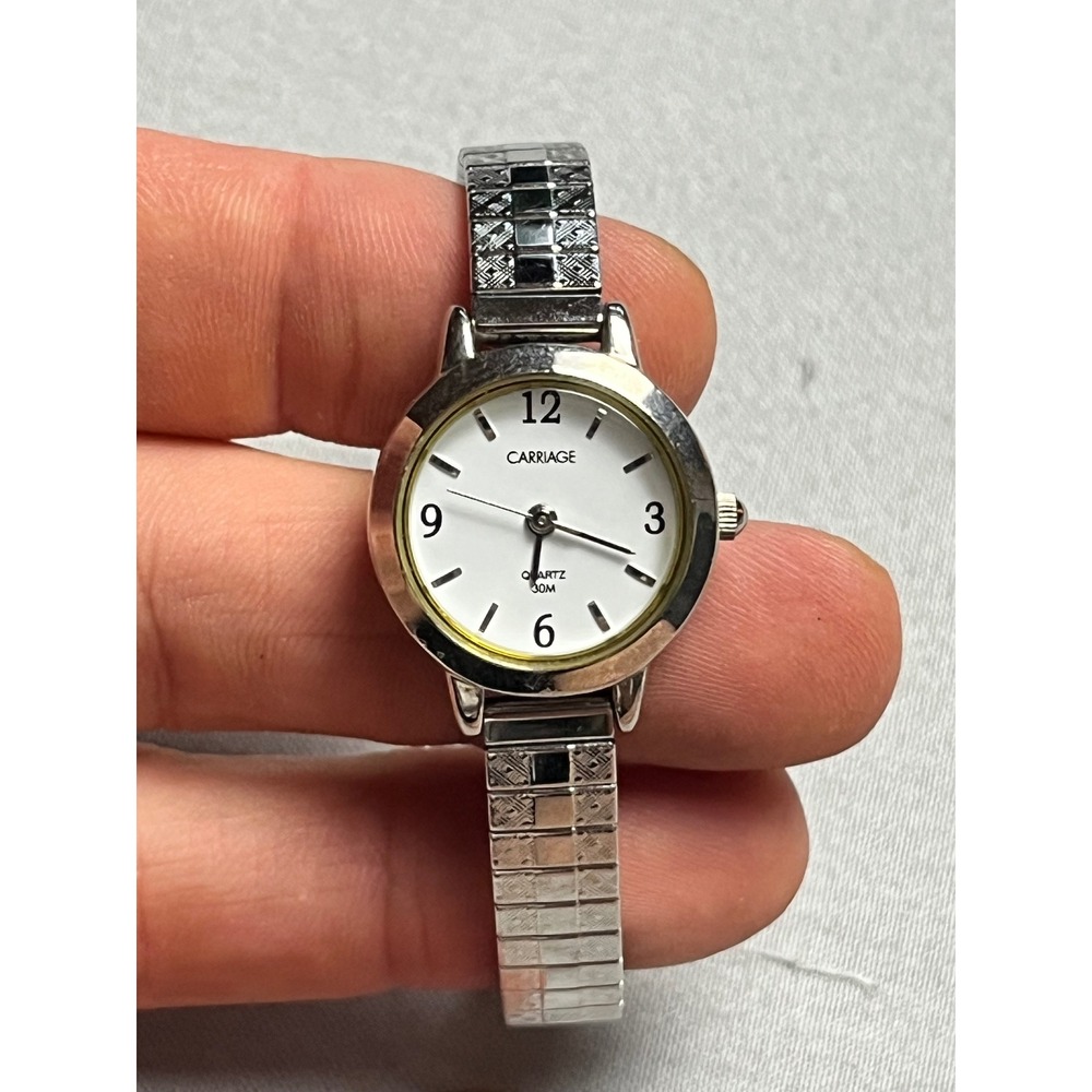 Carriage by Timex Womens Silver Tone Expansion Band Quartz Watch‎ R9 White Dial